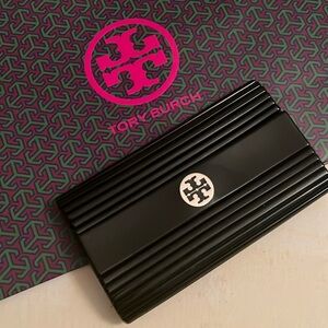 TORY BURCH Black Plastic Clutch with Silver Logo Hardwate